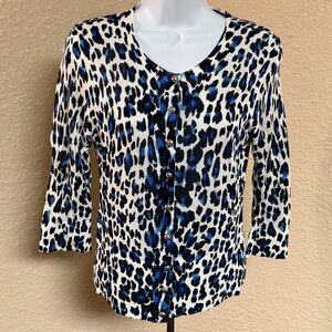 4/$15 White House Black Market Animal Print Cardigan with Blue Accents